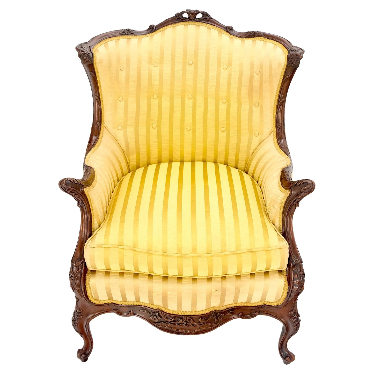 Striped Gold Upholstery Fine Deep Carved Mahogany Frame Lounge Chair Solid Frame