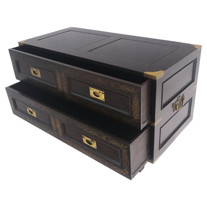 Campaign Style Ebonized Mahogany Brass Inlay Two Drawers Small Dresser Chest