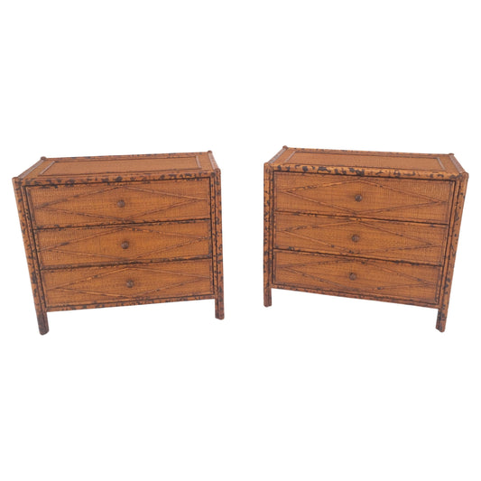 Bloomingdales Pair of Burnt Bamboo 3 Drawers Cane Rattan Small Dressers Chests