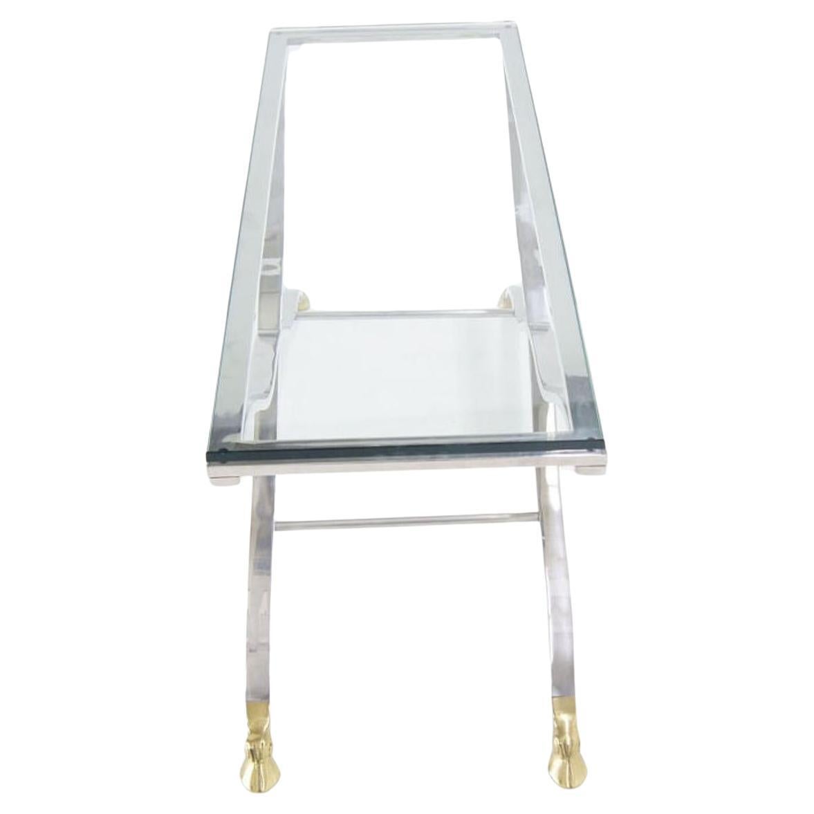 Mid Century Modern Chrome Glass Top Coffee Console Table with Brass Hoof-Feet