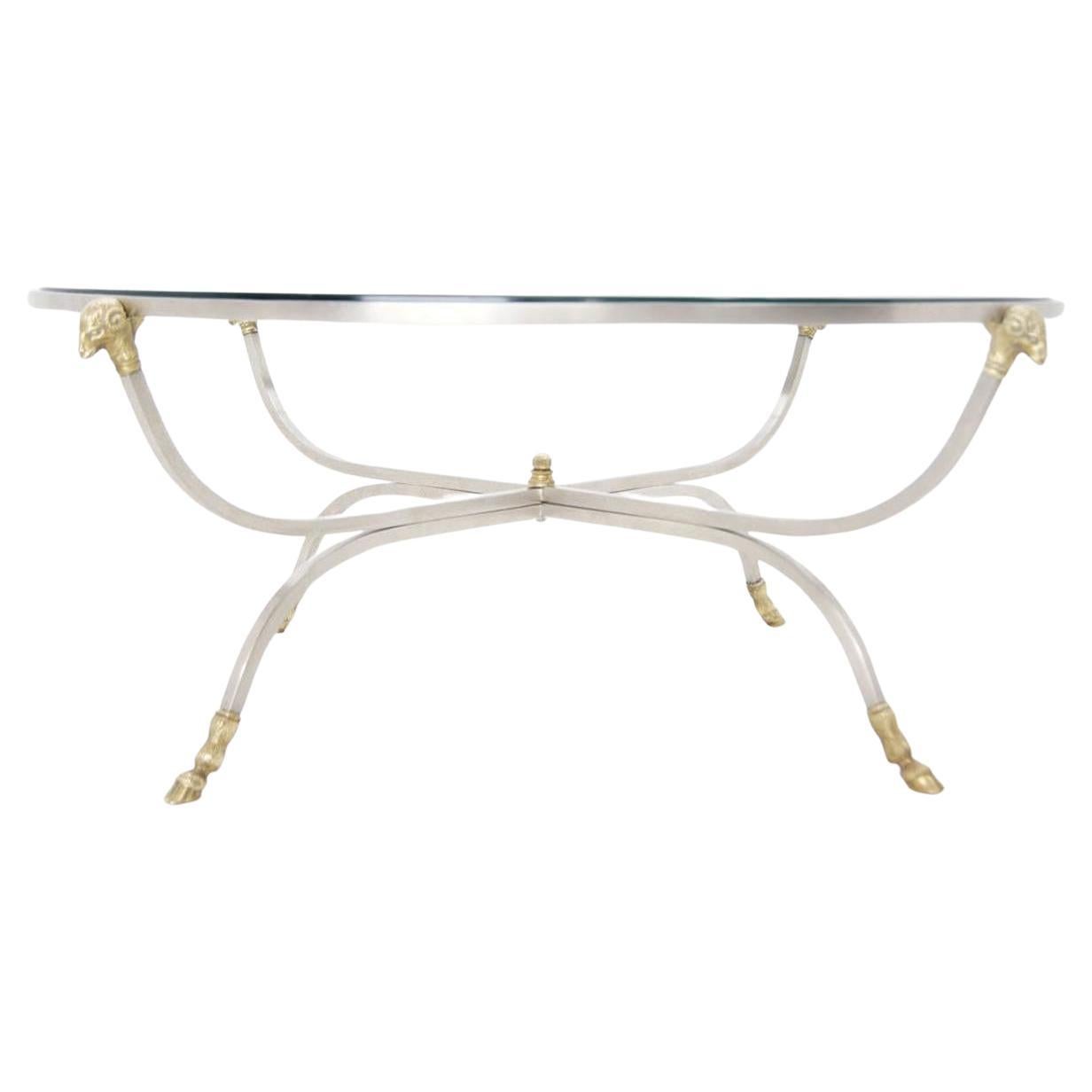 Jensen Style Steel and Brass Hoof and Ram's Head Coffee Table