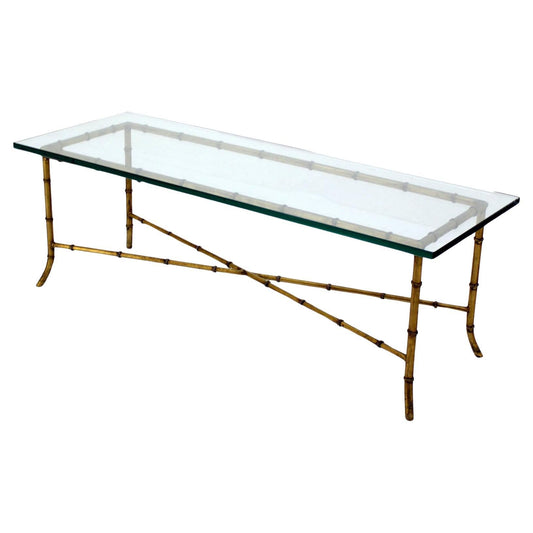 X Base Rectangular Mid Century Modern Gilt Faux Bamboo Glass Top Coffee Table