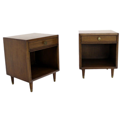 Pair Johnson One Drawer Espresso Mid Century Modern Walnut Night Stand End Table