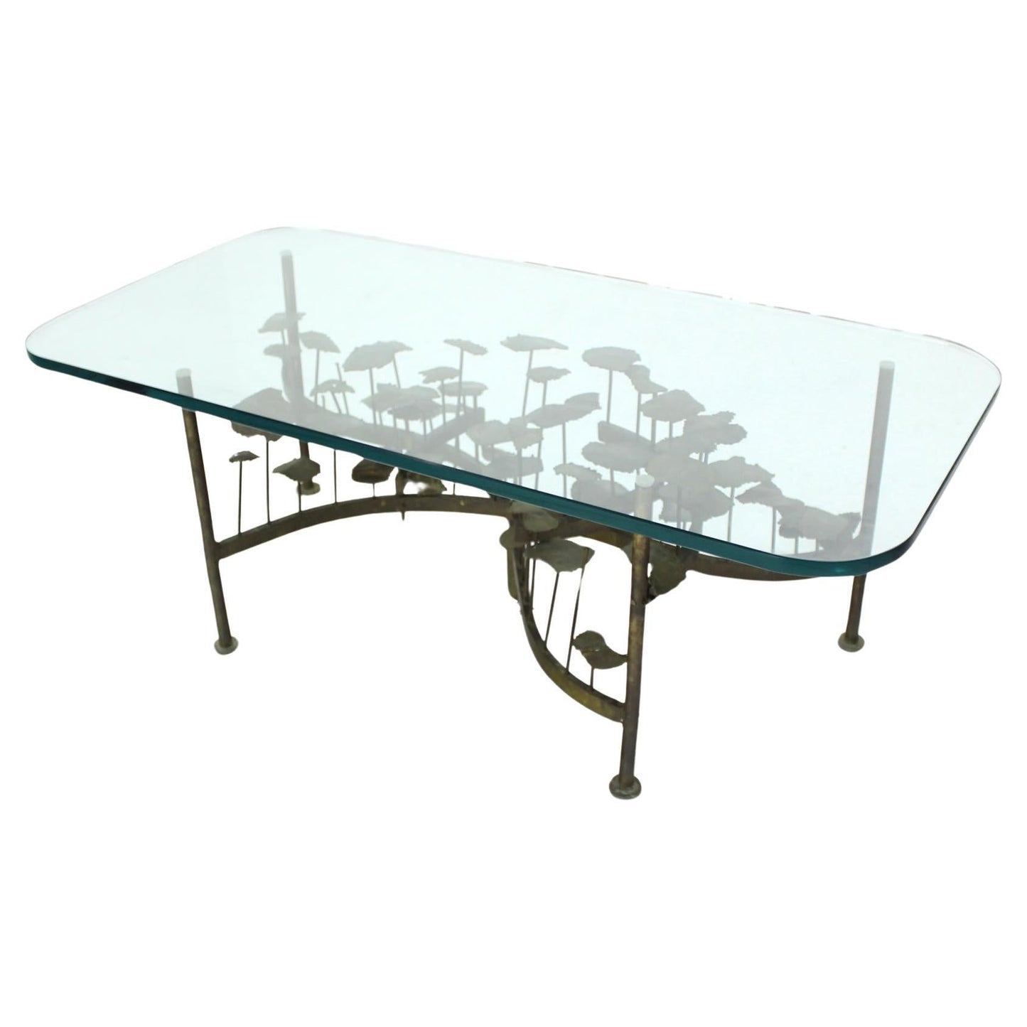 Silas Seandel Mid Century Modern Brass Base Glass Top Brutalist Coffee Table