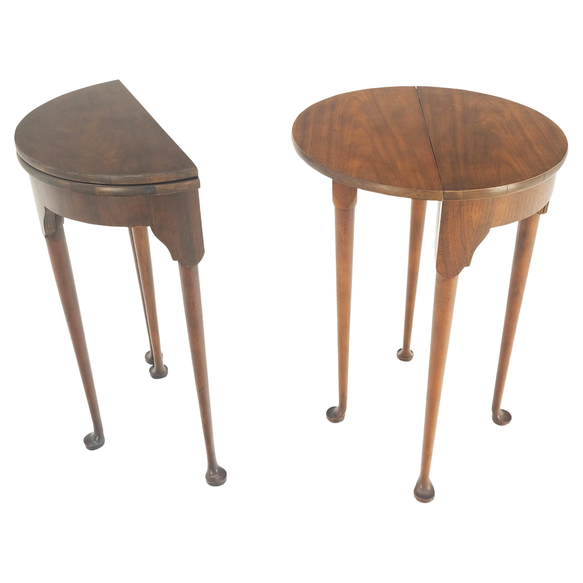 Pair Walnut Baker Demilune Flip Top Round End Side Console Occasional Table MINT