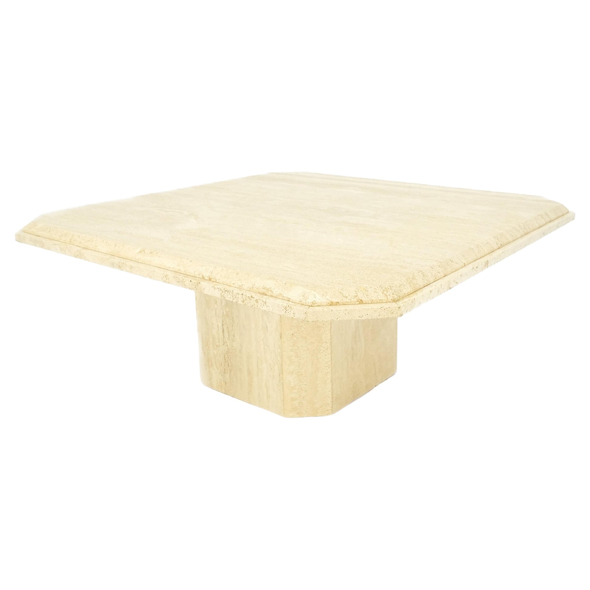 Cut Corners 40" Square Single Pedestal Base Italian  Travertine Coffee Table