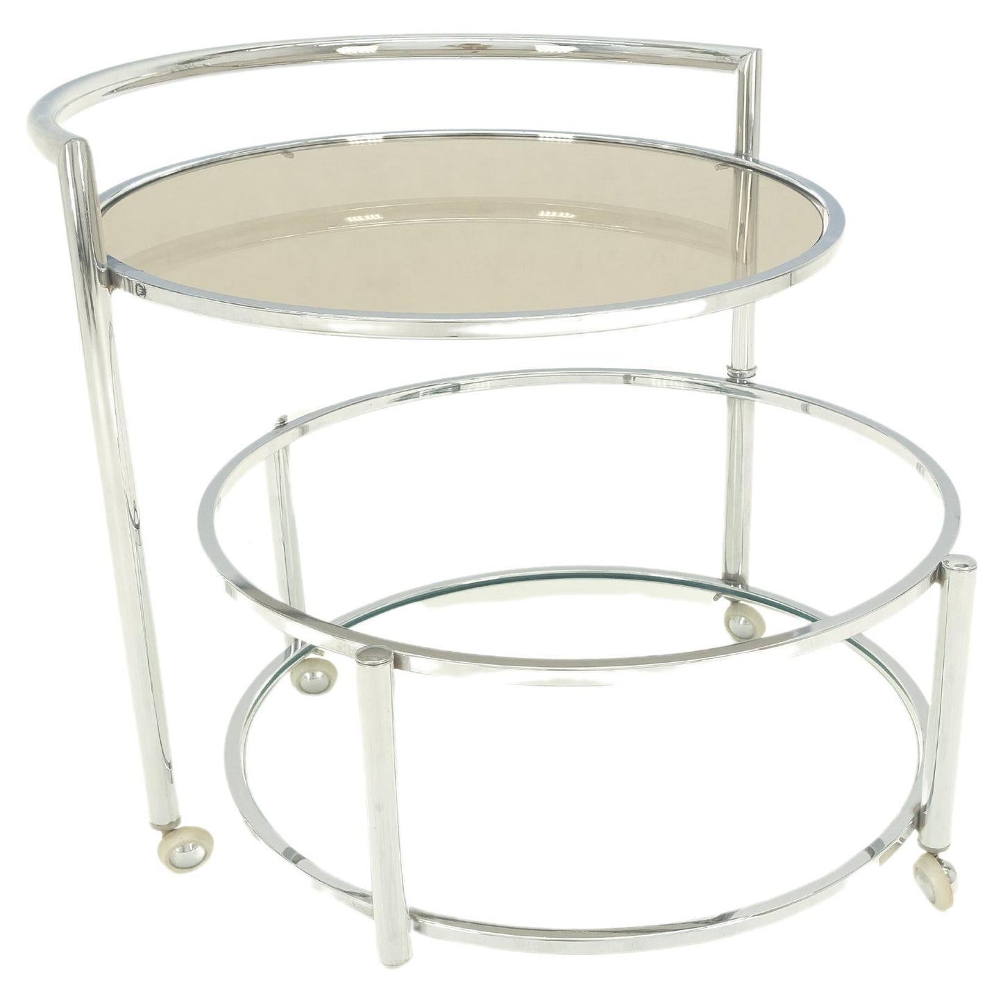 Round Chrome & Smoked Glass Expandable Serving Tea Bar Cart Shepherd Castors