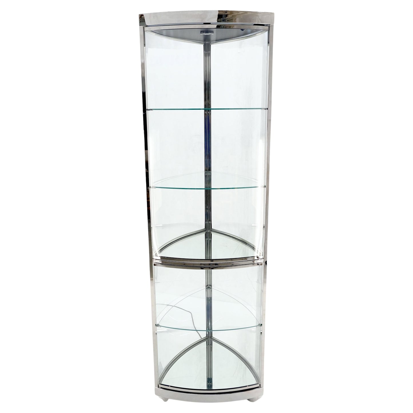 Rounded Triangle Shape Bowed Glass & Chrome Shelves Display Case Vitrine MINT!