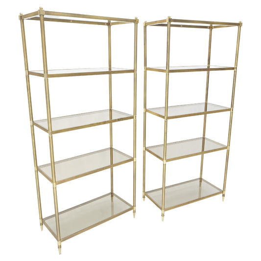 Pair Decorative Brass Smoked Glass 4 Tier Shelves Vitrines Etageres Displays