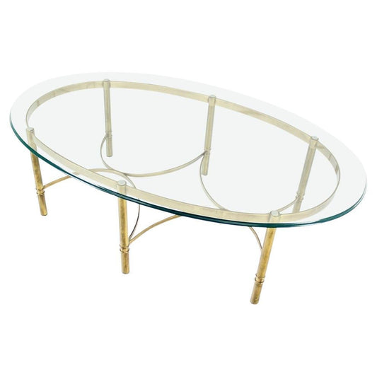 Brass 6 Legged Base Glass Oval Top Mid-Century Modern Coffee Table MINT!