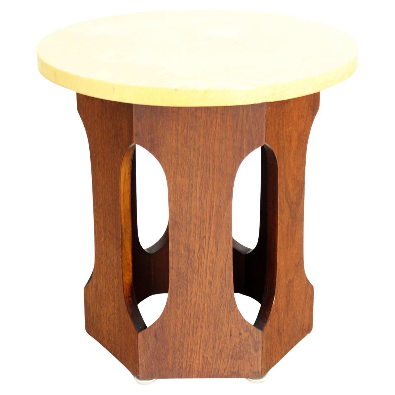 Mid-Century Modern Hexagon Oiled Walnut Base Round Top Side End Table Stand