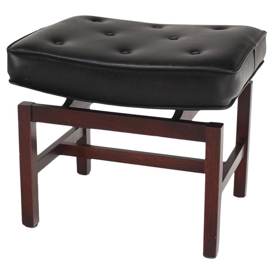 Mid-Century Modern Black Vinyl Upholstered Oiled Walnut Bench by Risom