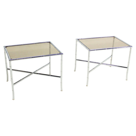 Pair of Faux Bamboo X Shape Bases  Chrome and Smoked Glass End Tables MINT!