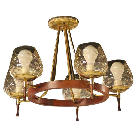 Brass & Walnut Danish Modern Five-Light Champagne Glass Shades Chandelier