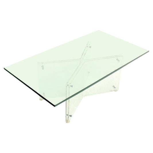 Mid-Century Modern Lucite X Base Glass Top Rectangle Coffee Table