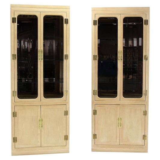 Pair John Stuart White Wash Beveled Glass MidCentury Modern Tall Display Cabinet