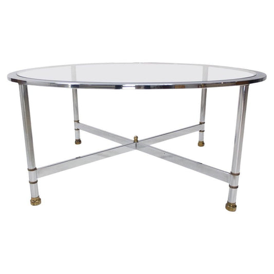 Mid Century Italian Modern Round Chrome & Brass Base Glass Top Coffee Table Mint