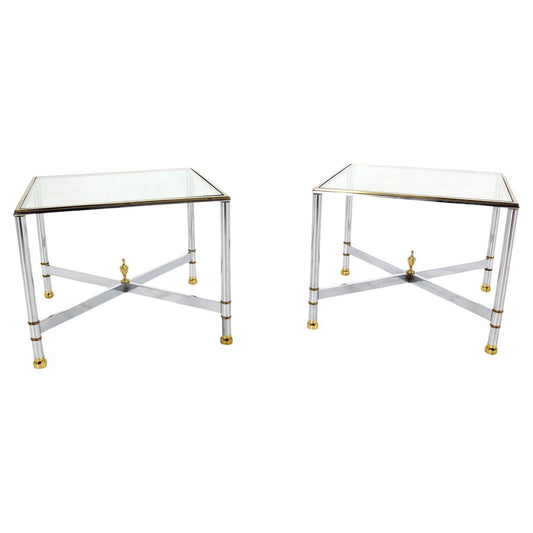 Pair Mid Century Modern Square Chrome  X Base End  Side Coffee Tables Stands