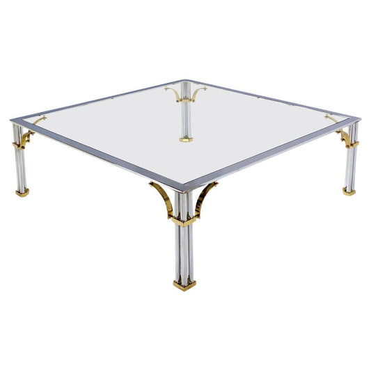 Large Square Italian Mid Century Modern Brass Chrome Glass Top Coffee Table MINT