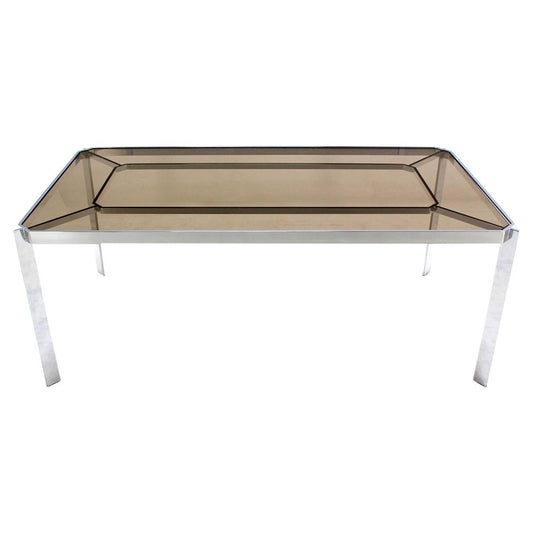 Mid Century Modern Chrome Base Smoked Glass Top Dining Conference Table Baughman