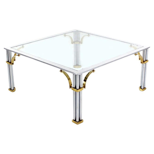 Italian Mid Century Modern Brass Chrome Glass Top Square Coffee Table MINT