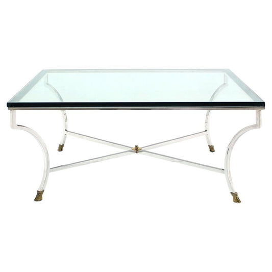 Italian 3/4" Glass Top Square Coffee Table Chrome Brass Hoof Feet Base MINT!