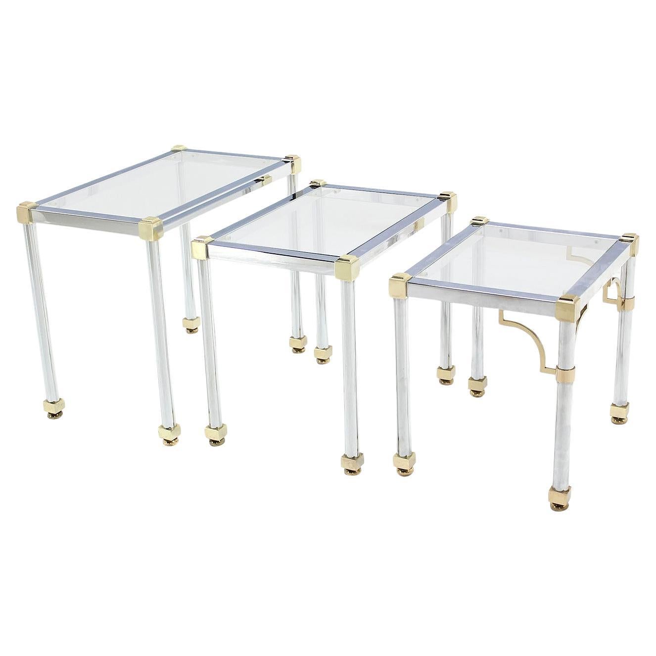 Set of 3  Chrome and Brass Metal Glass Top Nesting Side End Occasional Tables