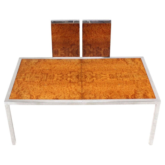 Stainless Steel Chrome Base Amber Burl Wood Dining Conference Table Two Leaves