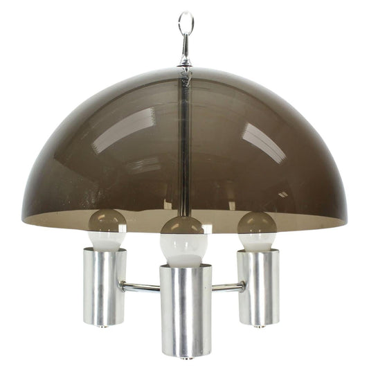 Smoked Lucite Dome Shape Shade Chrome Mid Century Modern 3 Bulb  Light Fixture