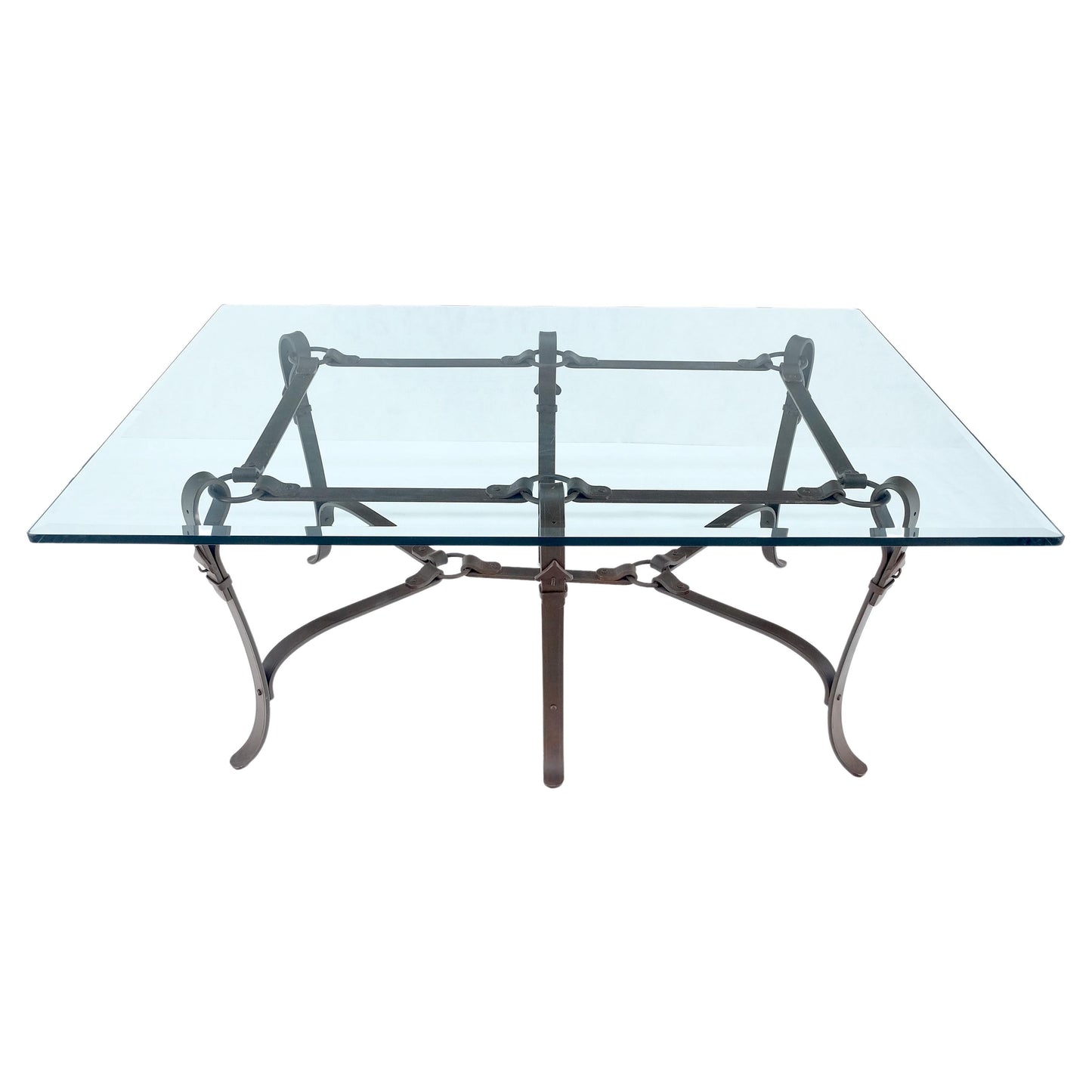 Wrought Iron Faux Belts Rinded Together Base 3/4" Glass Top Large Coffee Table