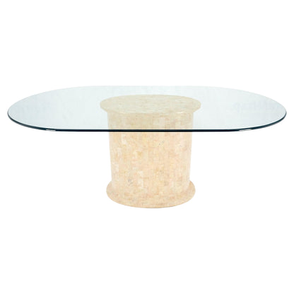 Racetrack Oval Glass Top Single Tessellated Marble Pedestal Base Dining Table