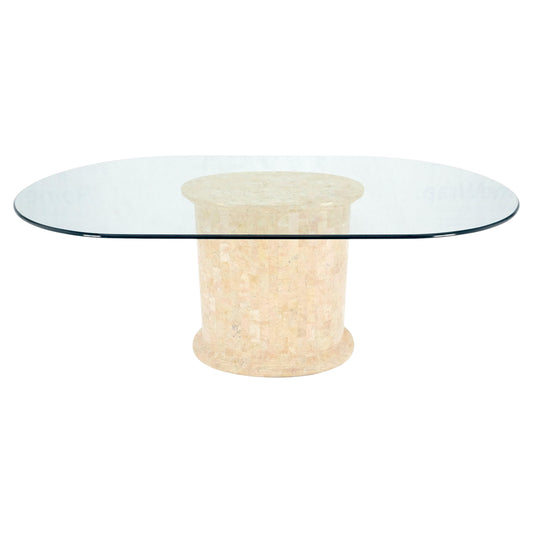 Racetrack Oval Glass Top Single Tessellated Marble Pedestal Base Dining Table