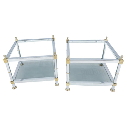 Pair of Square Chrome & Brass Smoked Glass Two Tier End Side Tables MINT!