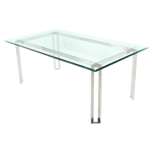 Polished Stainless Steel Base  Thick Glass Top Dining Room Table Mid Century