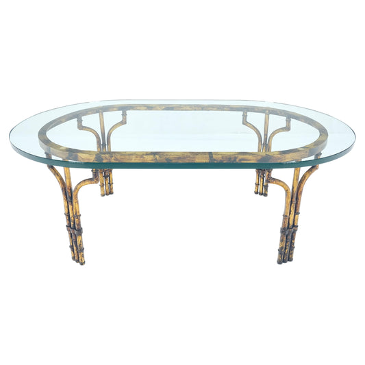 Faux Metal Bamboo Base Racetrack Oval 3/4" Thick Glass Top Coffee Table MINT!