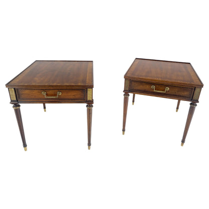 Pair Banded Top Fluted Tapered Legs One Drawer Low Profile End Tables Stands