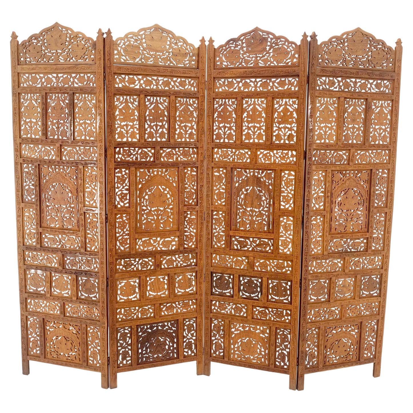 Fine Asian Carved Teak 4 Panels Screen Room Divider Mint!