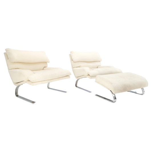 Pair Giovanni Offerdi Chrome Bases Matching Ottoman Lounge Chair AS IS upholster