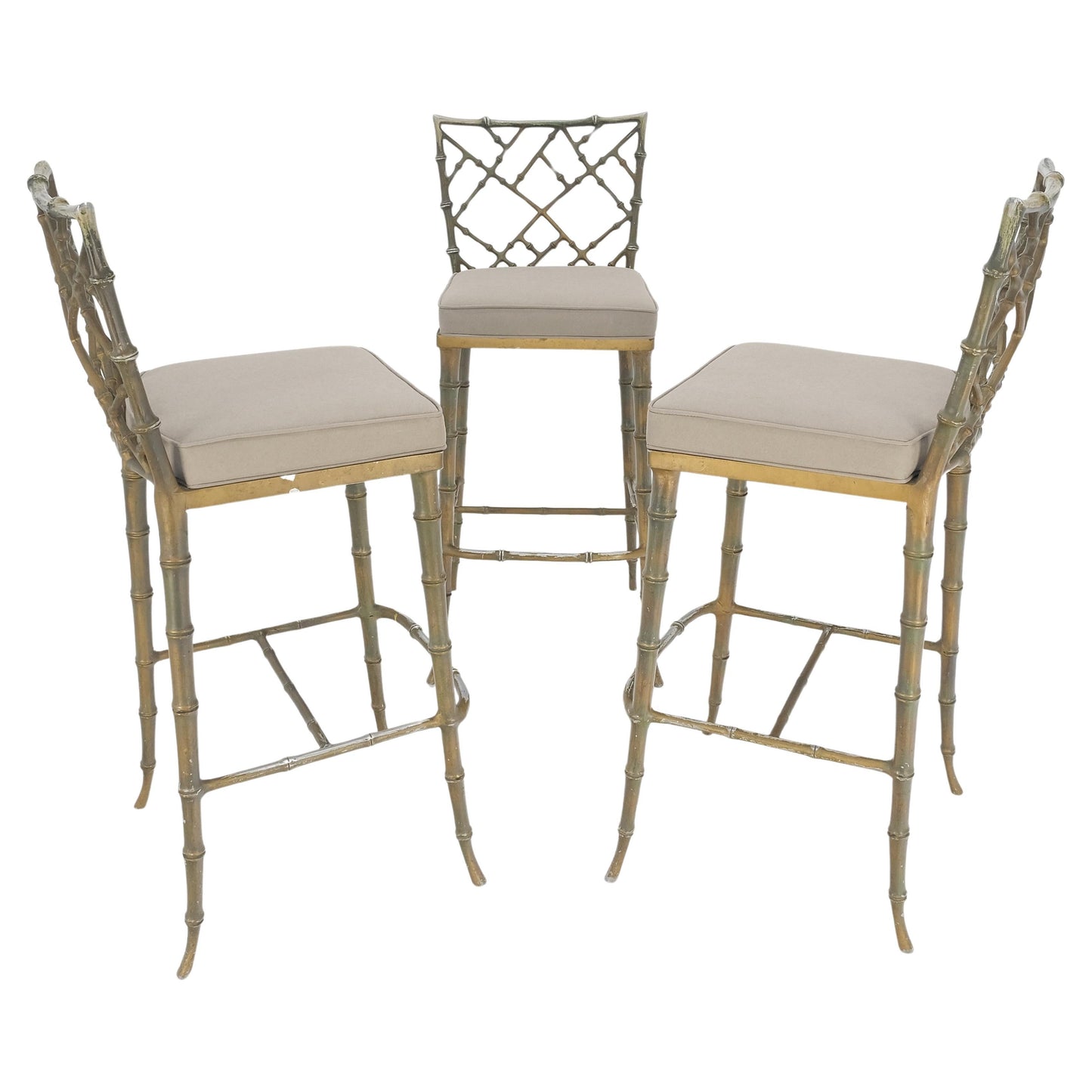 Cast Aluminum set of 3 Faux Bamboo Bar Stools New Alcantera Fabric Upholstery