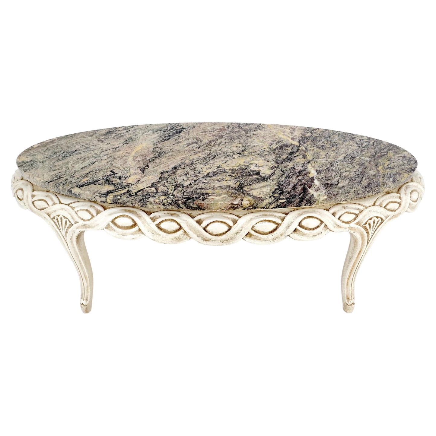 Braided Bezel Oval Marble Top White Pickle Finish French Provincial Coffee Table