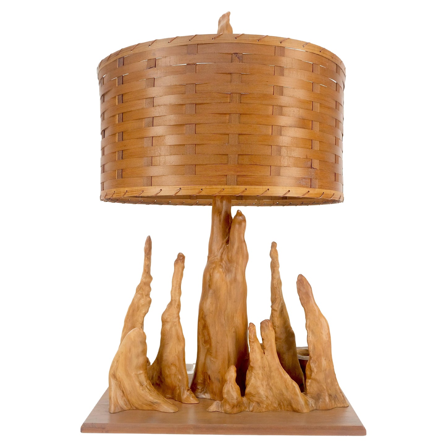 Mid Century Cypres Root Driftwood Style Backet Weave Shape Shade Table Lamp MINT