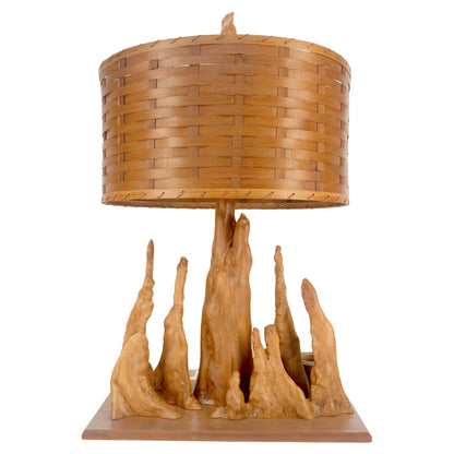 Mid Century Cypres Root Driftwood Style Backet Weave Shape Shade Table Lamp MINT