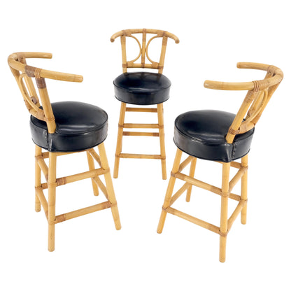 Set of 3 Black Vinyl Upholstery Bamboo Bar Stools Mid Century Modern MINT