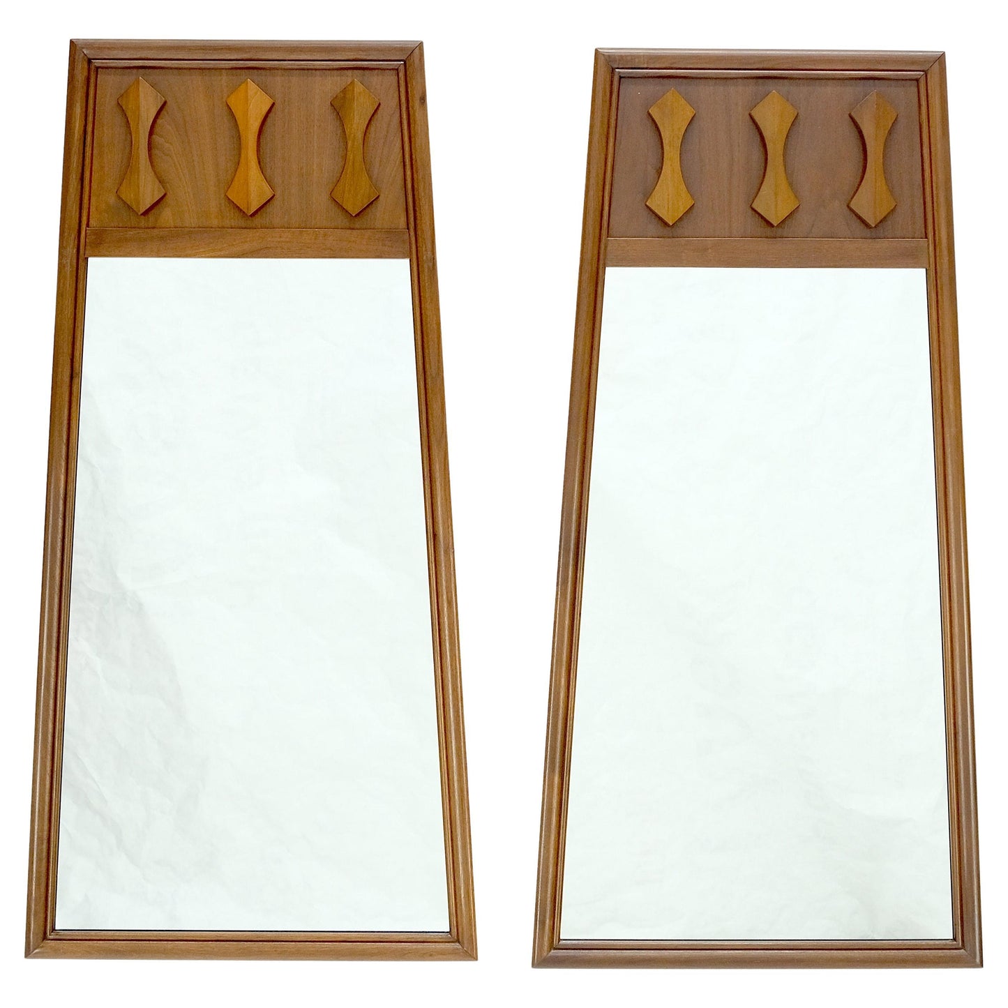 Pair of Mid Century Modern Walnut Pyramid Shape Walnut Wall Mirrors MINT!