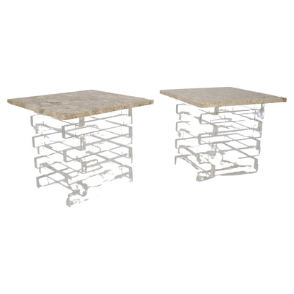 Pair Stacked Lucite Square Marble Travertine Tops End Side Occasional Tables