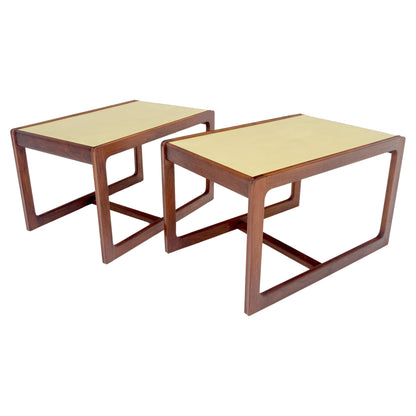 Pair of Mid Century Modern Solid Oil Walnut c1970s Brass Tops Side End Tables