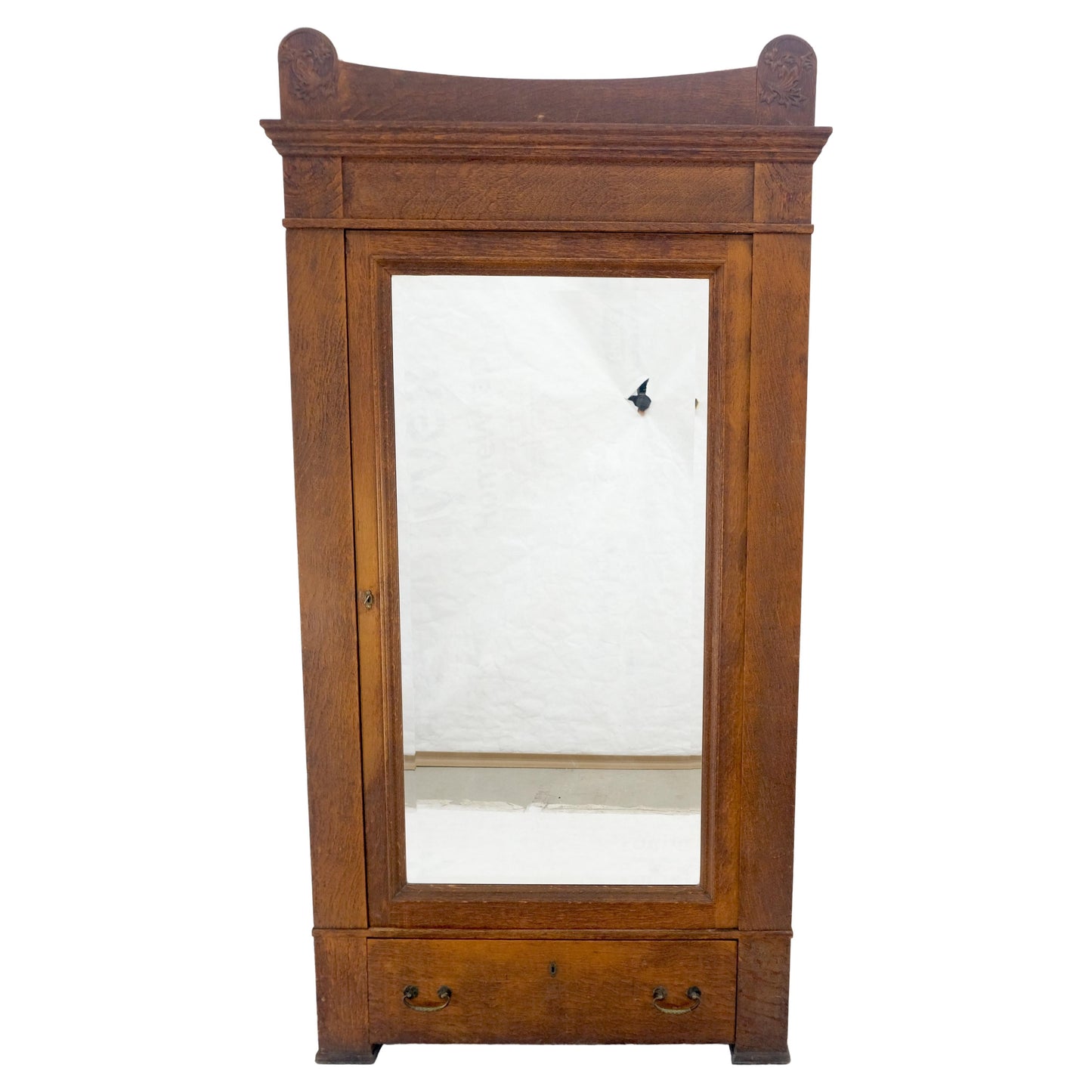 Solid Oak Massive Arts & Crafts One Door Armoire Wardrobe Large Beveled Mirror