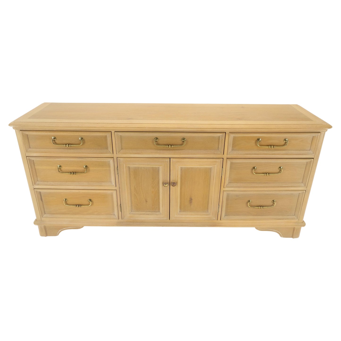 Pickled White Oak & Yew Wood Heavy Long Brass Drop Pulls Long Dresser Credenza