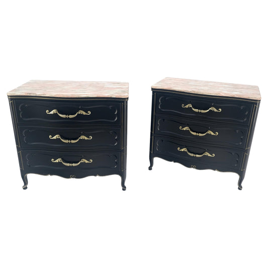 Pair Black Lacquer Heavy Solid Brass Drop Pulls Three Drawer Bachelor Chests