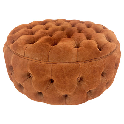 Tufted Orange Rust Color Suede Leather 32 Round Ottoman Bench Pouf 1970s MINT!